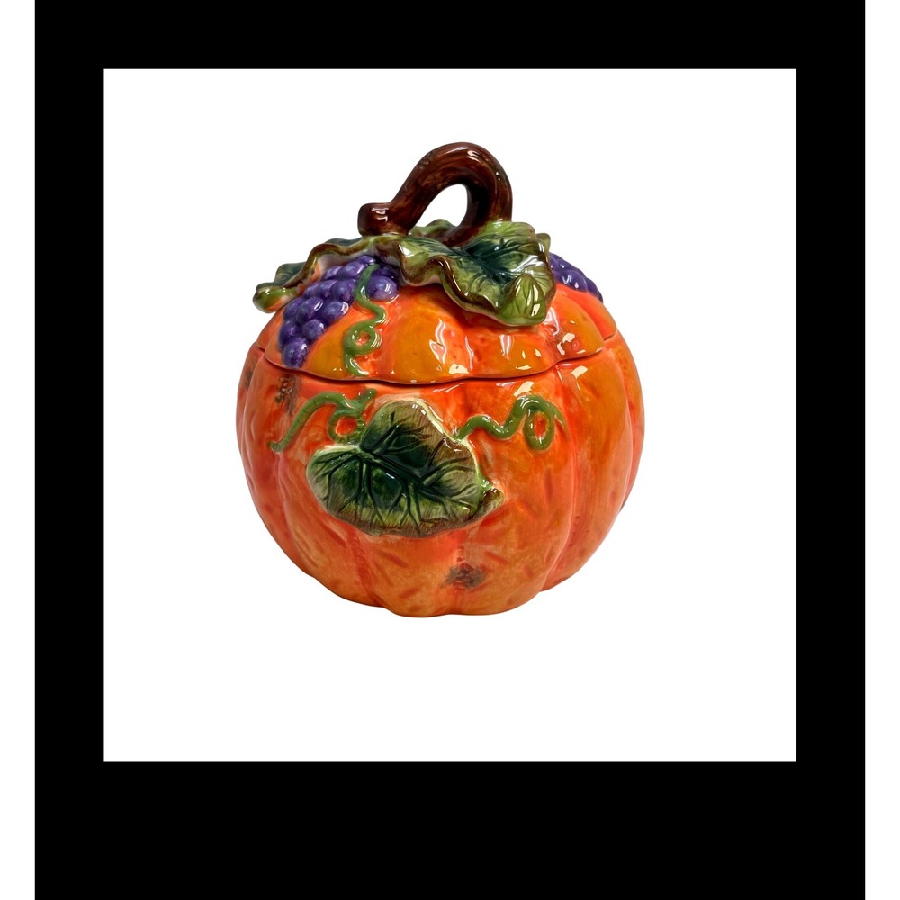 Vintage Ceramic Pumpkin Cookie Jar Harvest Grapes Fall Thanksgiving Canister 6in